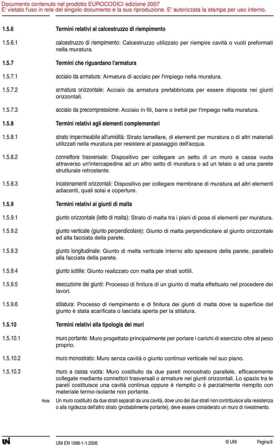 1.5.8 Termini relativi agli elementi complementari 1.5.8.1 strato impermeabile all'umidità: Strato lamellare, di elementi per muratura o di altri materiali utilizzati nella muratura per resistere al passaggio dell'acqua.