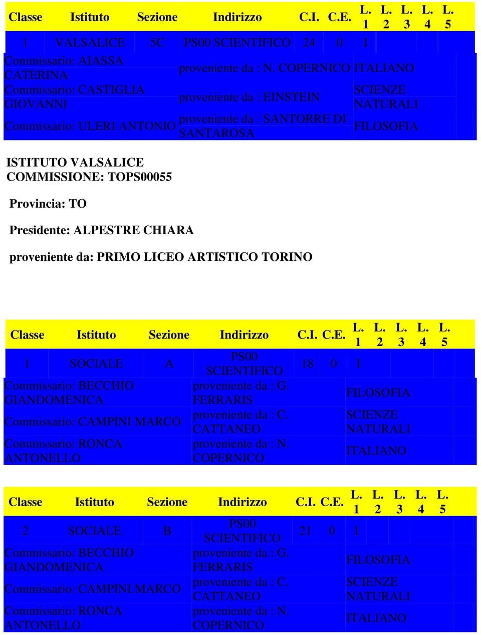 ARTISTICO TORINO SOCIALE A Commissario: BECCHIO GIANDOMENICA Commissario: CAMPINI MARCO Commissario: RONCA ANTONELLO proveniente da : G. FERRARIS proveniente da : C.