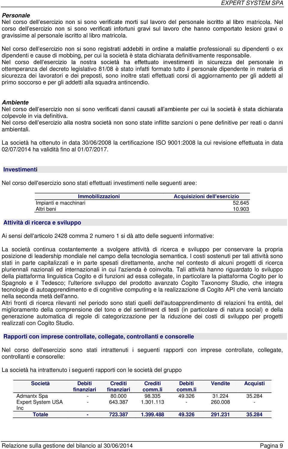 Nel corso dell esercizio non si sono registrati addebiti in ordine a malattie professionali su dipendenti o ex dipendenti e cause di mobbing, per cui la società è stata dichiarata definitivamente