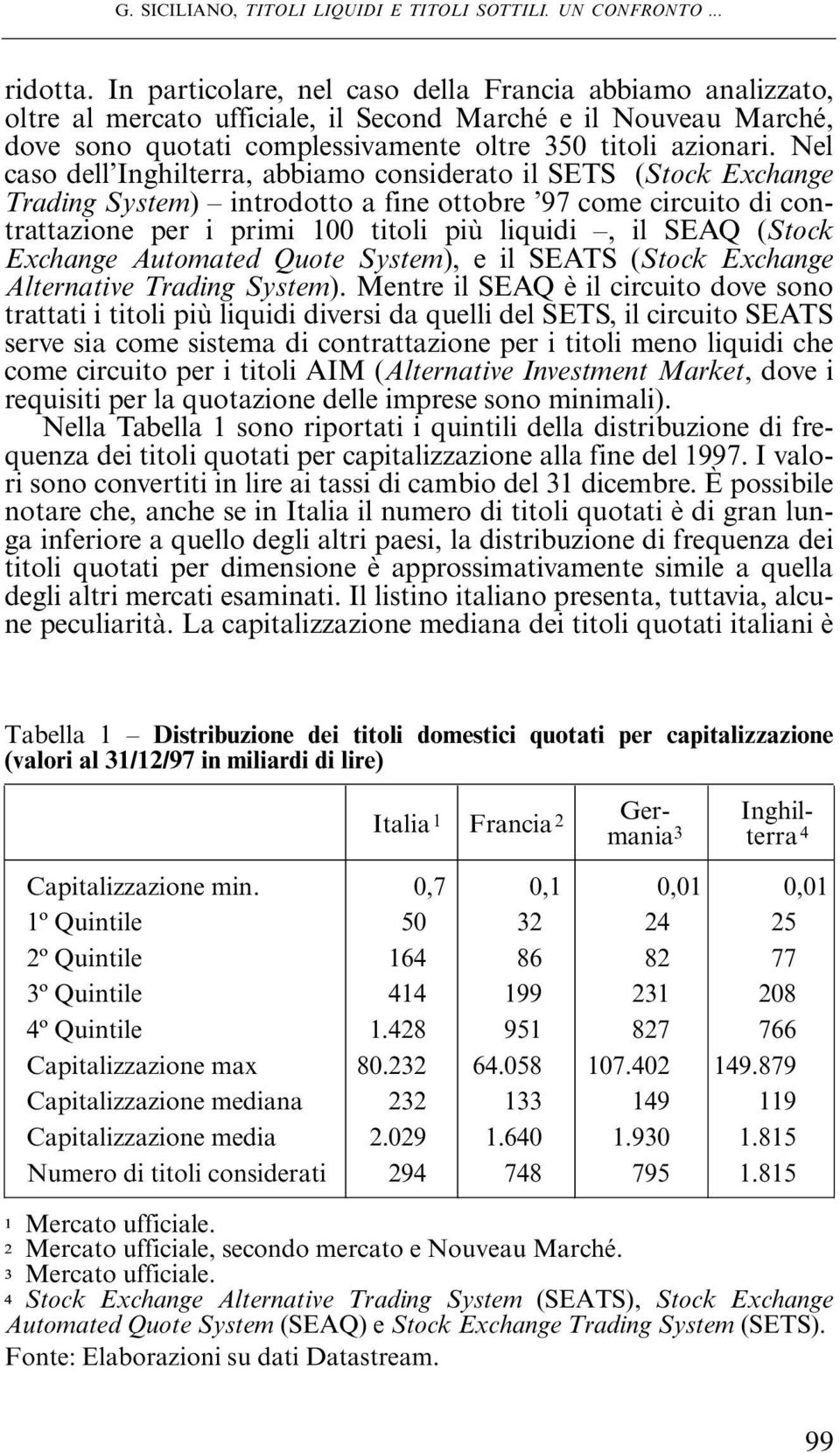 Nel caso dell Inghilterra, abbiamo considerato il SETS (Stock Exchange Trading System) introdotto a fine ottobre 97 come circuito di contrattazione per i primi 100 titoli più liquidi, il SEAQ (Stock