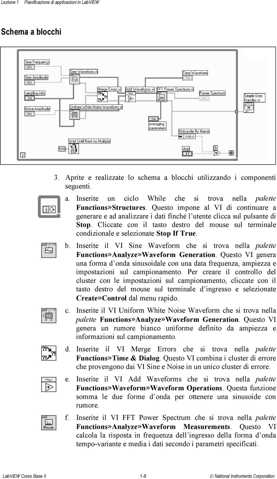 Cliccate con il tasto destro del mouse sul terminale condizionale e selezionate Stop If True. b. Inserite il VI Sine Waveform che si trova nella palette Functions»Analyze»Waveform Generation.