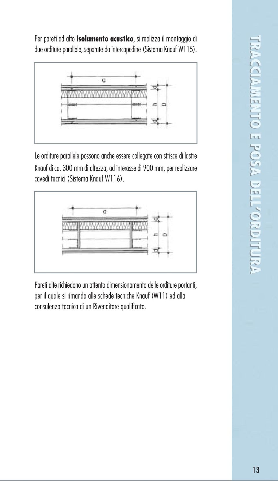 300 mm di altezza, ad interasse di 900 mm, per realizzare cavedi tecnici (Sistema Knauf W116).