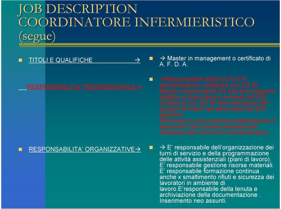 Collabora con DS RI alla rilevazione dei bisogni formativi del personale del SID; gestione informazioni,comunicazioni,elaborazione,v alutazione dei processi assistenziali.