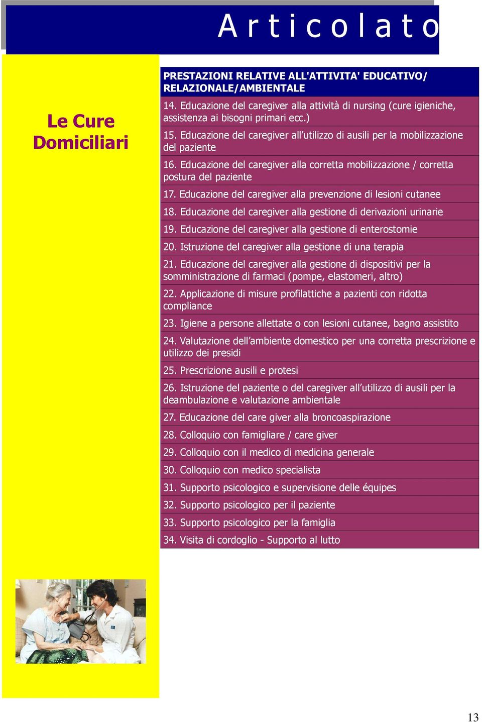 Educazione del caregiver alla prevenzione di lesioni cutanee 18. Educazione del caregiver alla gestione di derivazioni urinarie 19. Educazione del caregiver alla gestione di enterostomie 20.