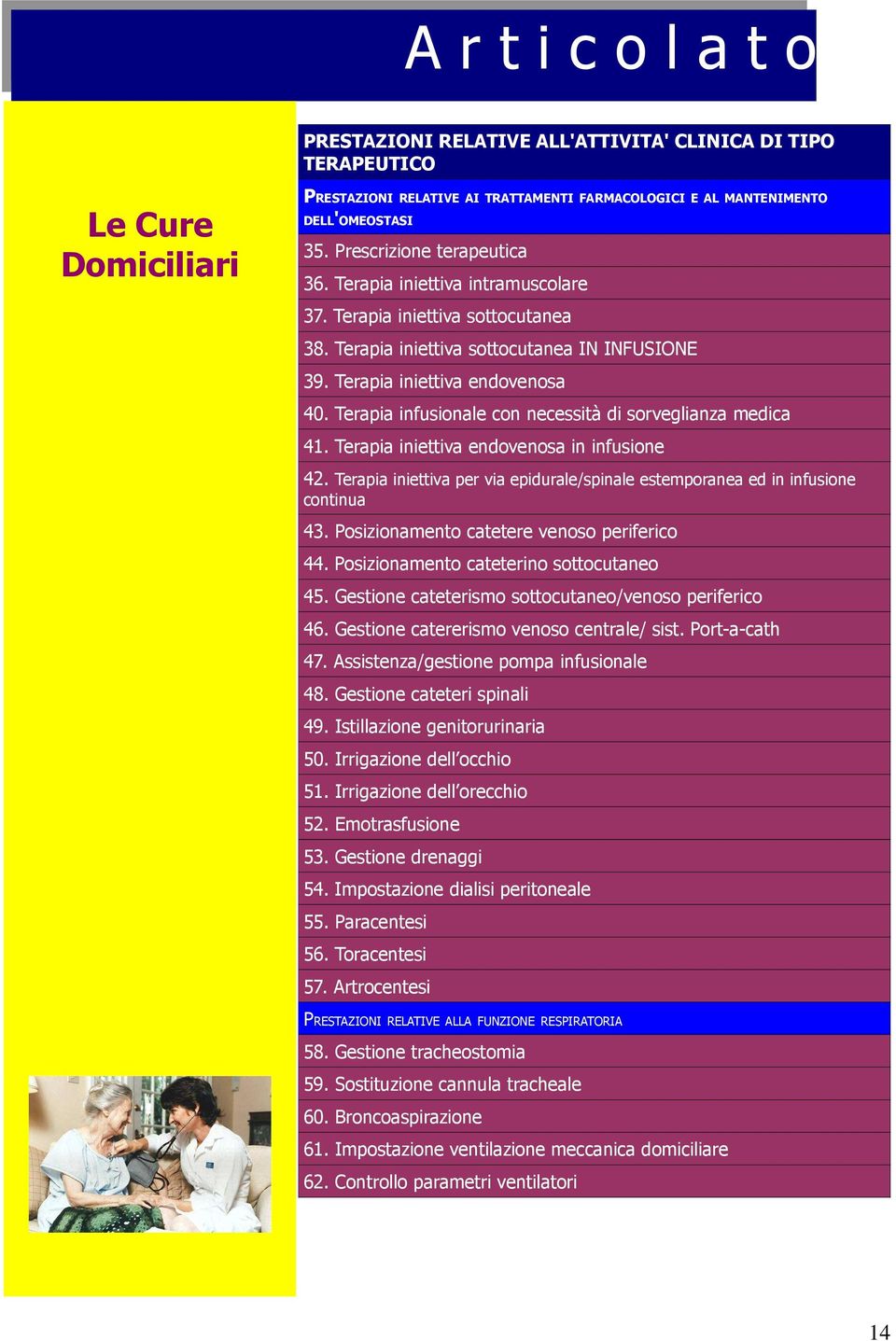 Terapia infusionale con necessità di sorveglianza medica 41. Terapia iniettiva endovenosa in infusione 42. Terapia iniettiva per via epidurale/spinale estemporanea ed in infusione continua 43.