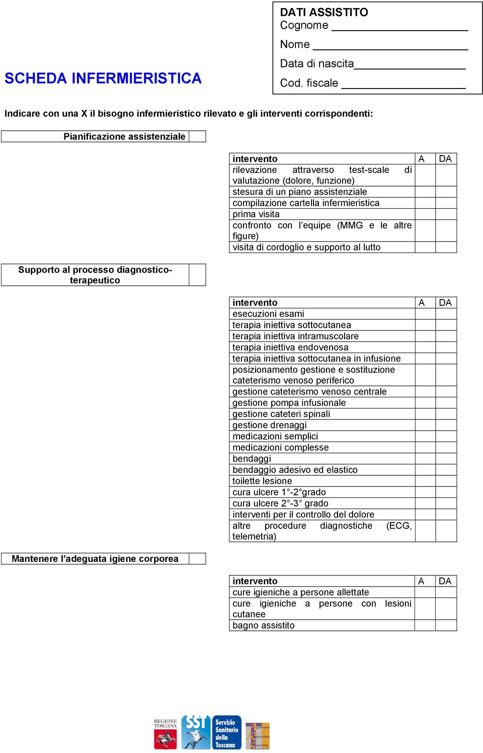 corporea intervento A DA rilevazione attraverso test-scale di valutazione (dolore, funzione) stesura di un piano assistenziale compilazione cartella infermieristica prima visita confronto con l