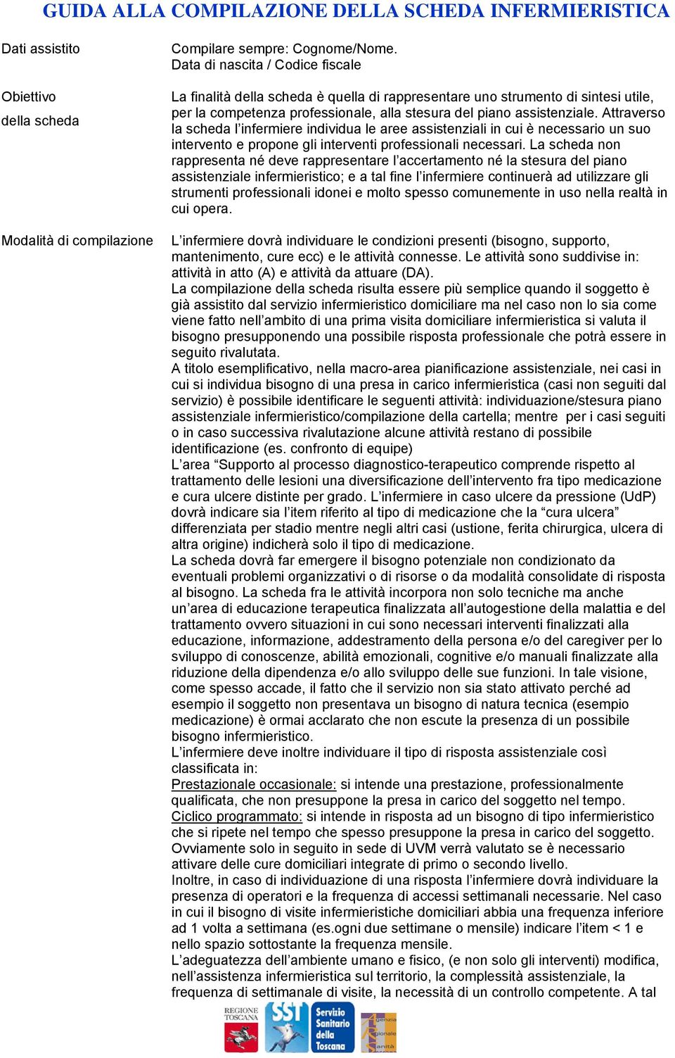 Attraverso la scheda l infermiere individua le aree assistenziali in cui è necessario un suo intervento e propone gli interventi professionali necessari.