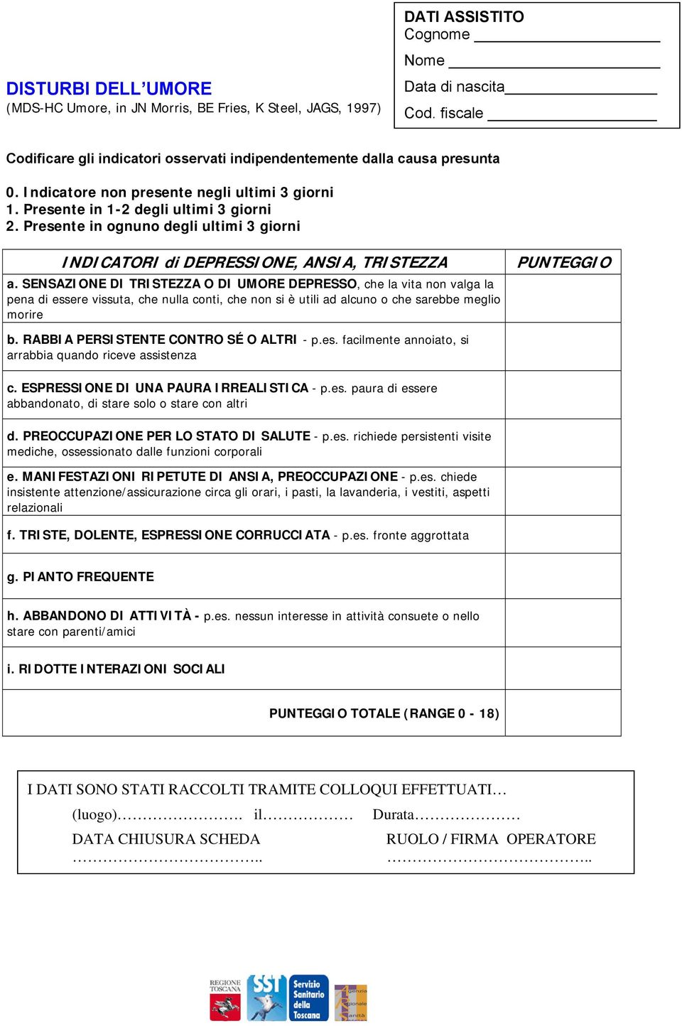 Presente in ognuno degli ultimi 3 giorni INDICATORI di DEPRESSIONE, ANSIA, TRISTEZZA a.