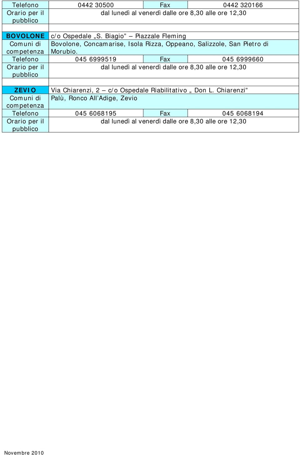 Telefono 045 6999519 Fax 045 6999660 Orario per il dal lunedì al venerdì dalle ore 8,30 alle ore 12,30 pubblico ZEVIO Via Chiarenzi, 2 c/o Ospedale