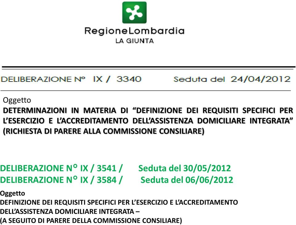 Seduta del 30/05/2012 DELIBERAZIONE N IX / 3584 / Seduta del 06/06/2012 Oggetto DEFINIZIONE DEI REQUISITI SPECIFICI