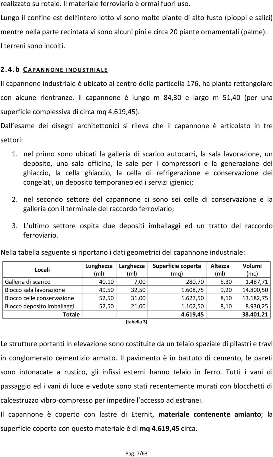 I terreni sono incolti. 2.4.b CAPANNONE INDUSTRIALE Il capannone industriale è ubicato al centro della particella 176, ha pianta rettangolare con alcune rientranze.