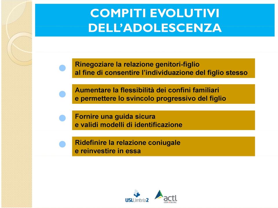 familiari e permettere lo svincolo progressivo del figlio Fornire una guida sicura e