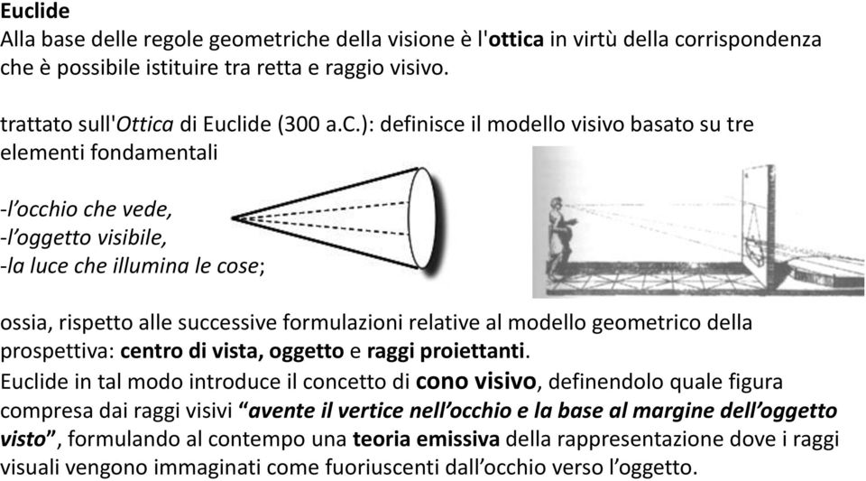 modello geometrico della prospettiva: centro di vista, oggetto e raggi proiettanti.