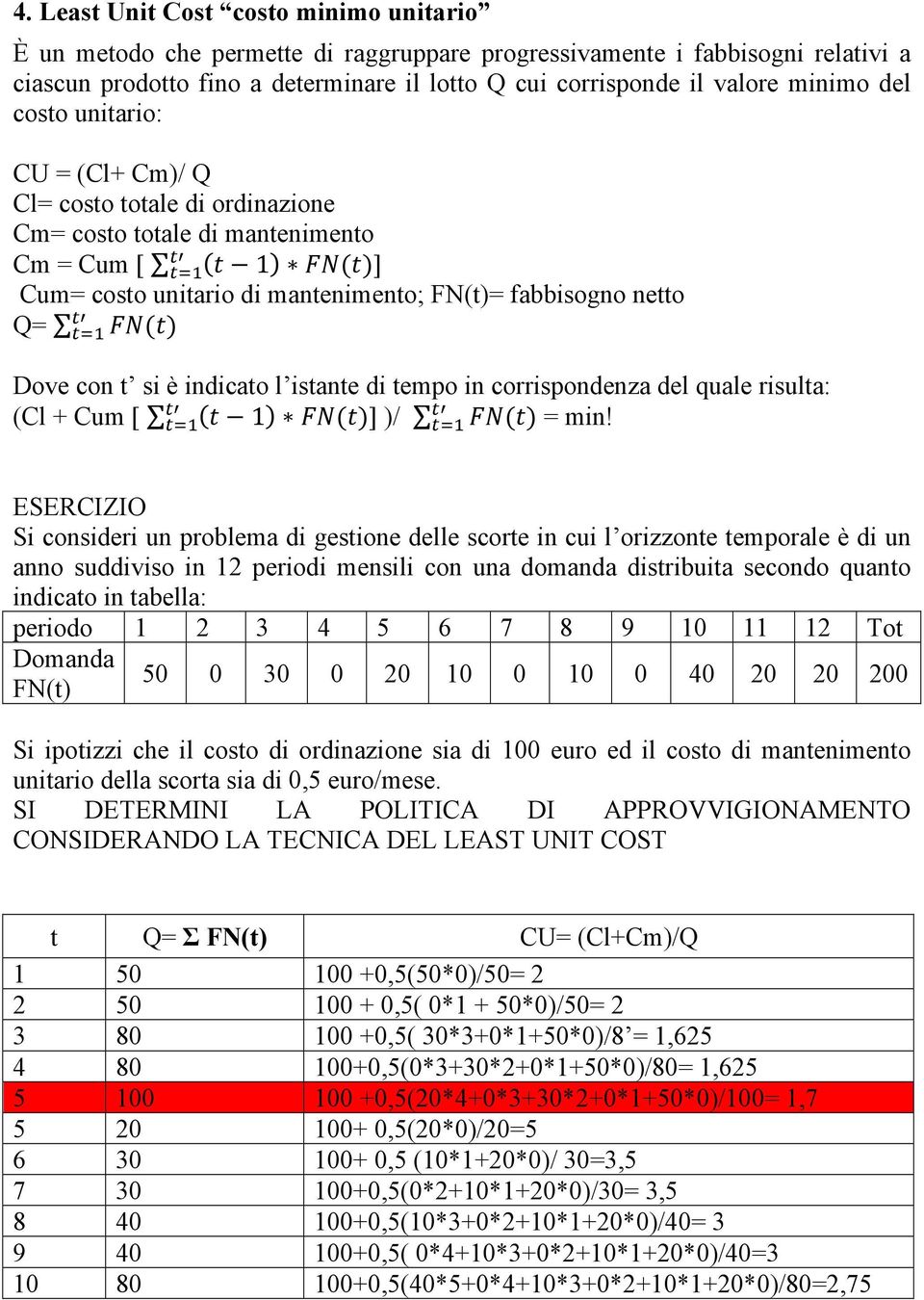 ! Q= FN(t)!!! Dove con t si è indicato l istante di tempo in corrispondenza del quale risulta:!!!! (Cl + Cum [!!! t 1 FN(t) ] )/!!! FN(t) = min!