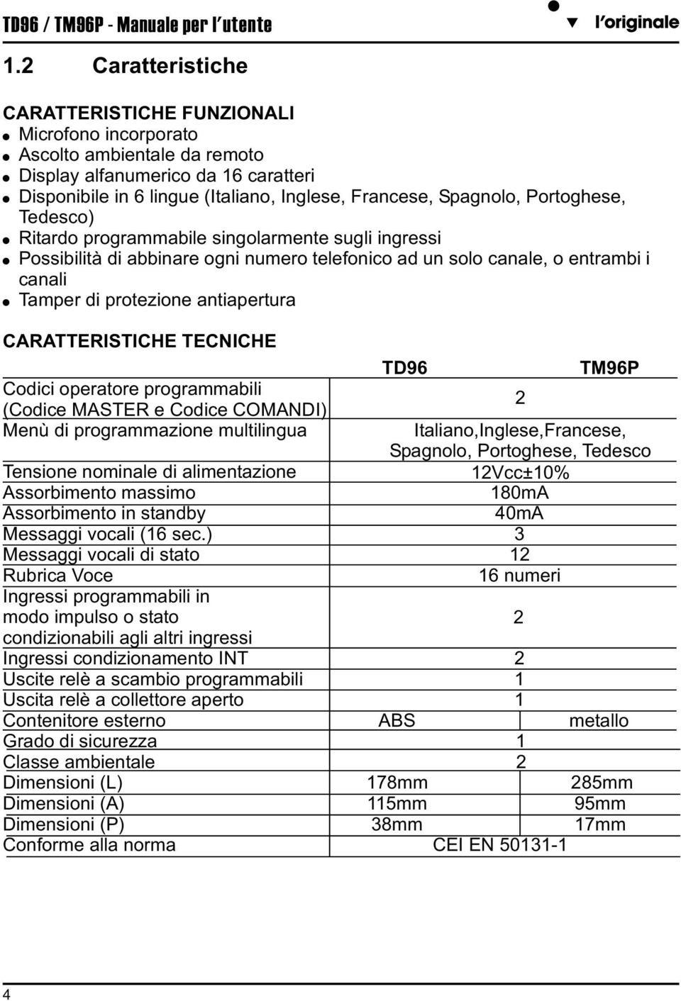 Portoghese, Tedesco) Ritardo programmabile singolarmente sugli ingressi Possibilità di abbinare ogni numero telefonico ad un solo canale, o entrambi i canali Tamper di protezione antiapertura