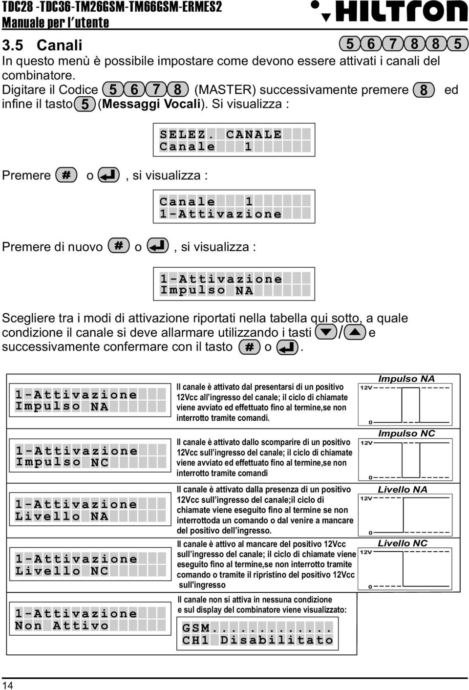 Canale CANALE 1 Premere o, si visualizza : Canale 1 1-Attivazione Premere di nuovo o, si visualizza : 1-Attivazione Impulso NA Scegliere tra i modi di attivazione riportati nella tabella qui sotto, a