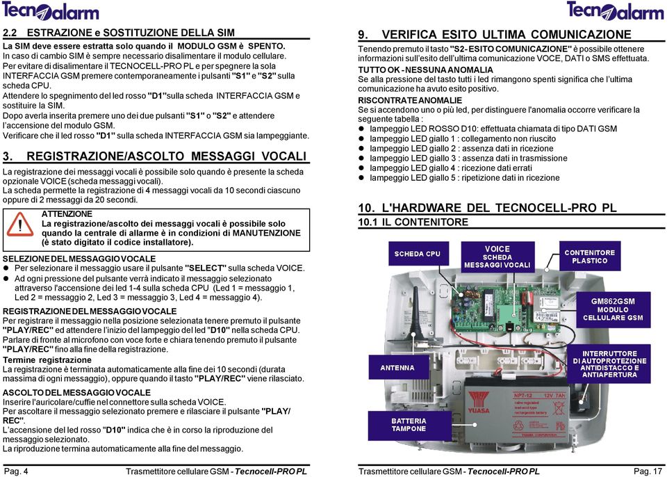 Attendere lo spegnimento del led rosso "D1"sulla scheda INTERFACCIA GSM e sostituire la SIM. Dopo averla inserita premere uno dei due pulsanti "S1" o "S2" e attendere l accensione del modulo GSM.