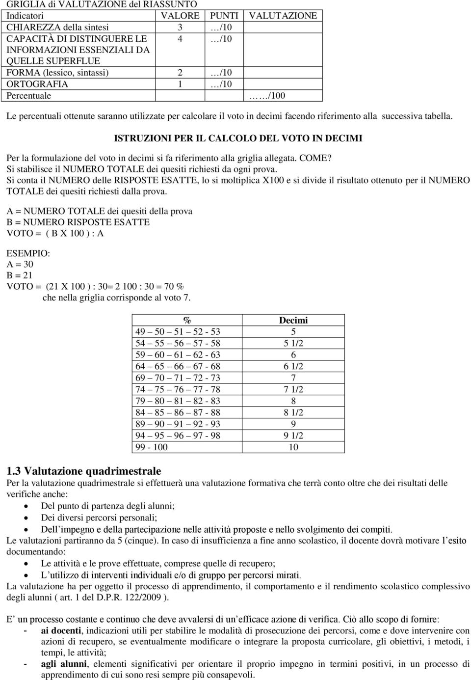 ISTRUZIONI PER IL CALCOLO DEL VOTO IN DECIMI Per la formulazione del voto in decimi si fa riferimento alla griglia allegata. COME? Si stabilisce il NUMERO TOTALE dei quesiti richiesti da ogni prova.