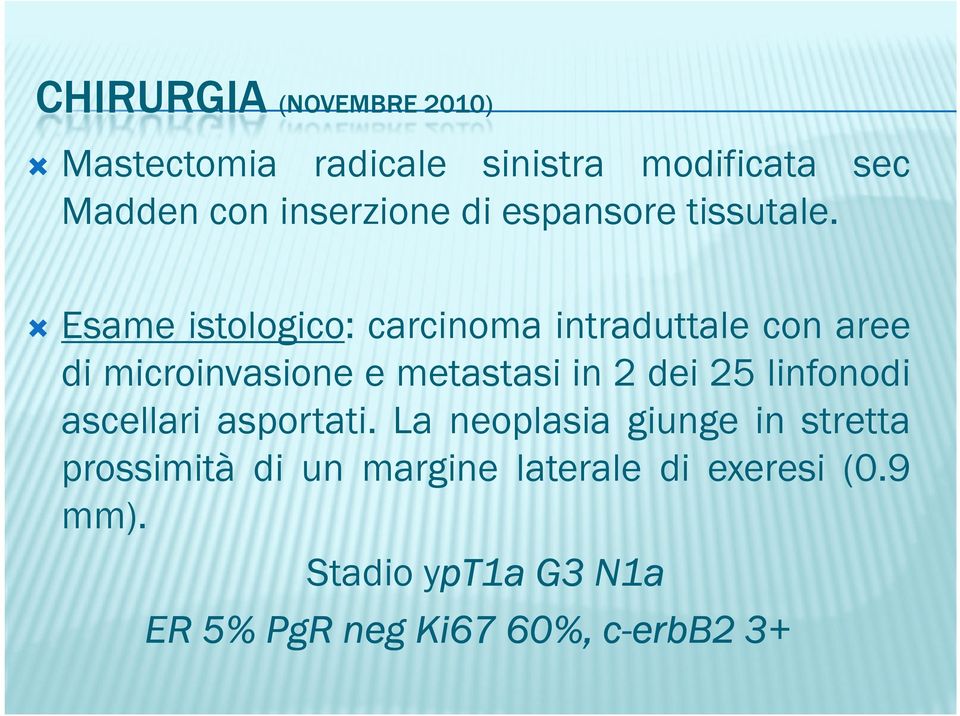 Esame istologico: carcinoma intraduttale con aree di microinvasione e metastasi in 2 dei 25