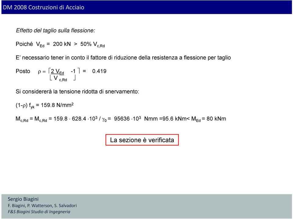 419 V c,rd Si considererà la tensione ridotta di snervamento: (1-ρ) f yk = 159.