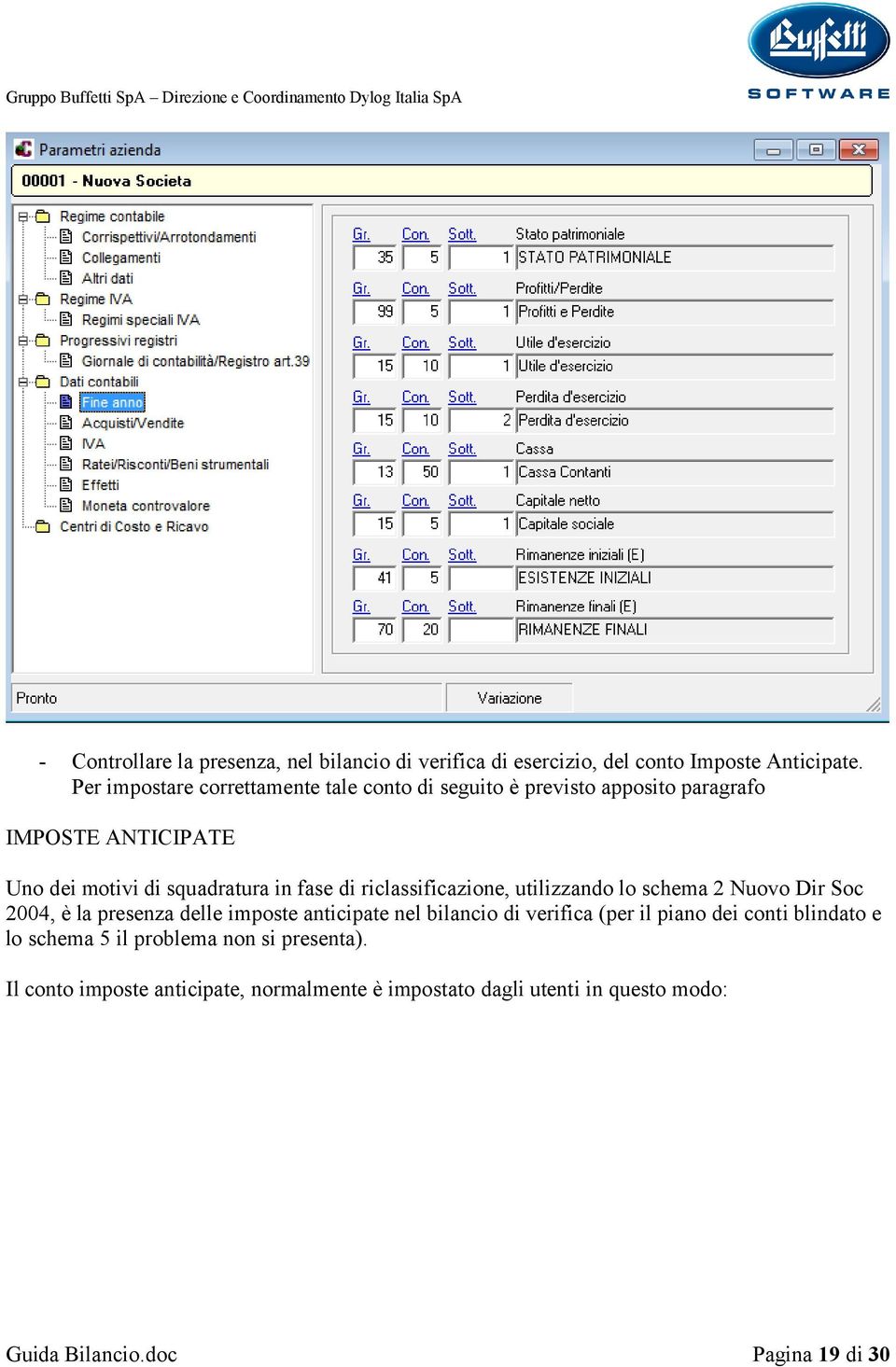 di riclassificazione, utilizzando lo schema 2 Nuovo Dir Soc 2004, è la presenza delle imposte anticipate nel bilancio di verifica (per il