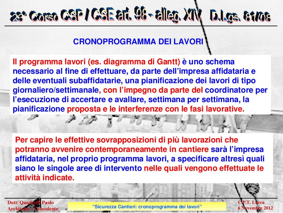 giornaliero/settimanale, con l impegno da parte del coordinatore per l esecuzione di accertare e avallare, settimana per settimana, la pianificazione proposta e le interferenze