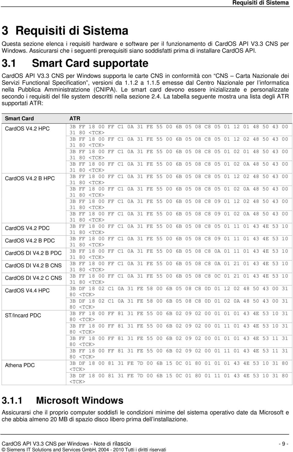 3 CNS per Windows supporta le carte CNS in conformità con CNS Carta Nazionale dei Servizi Functional Specification, versioni da 1.