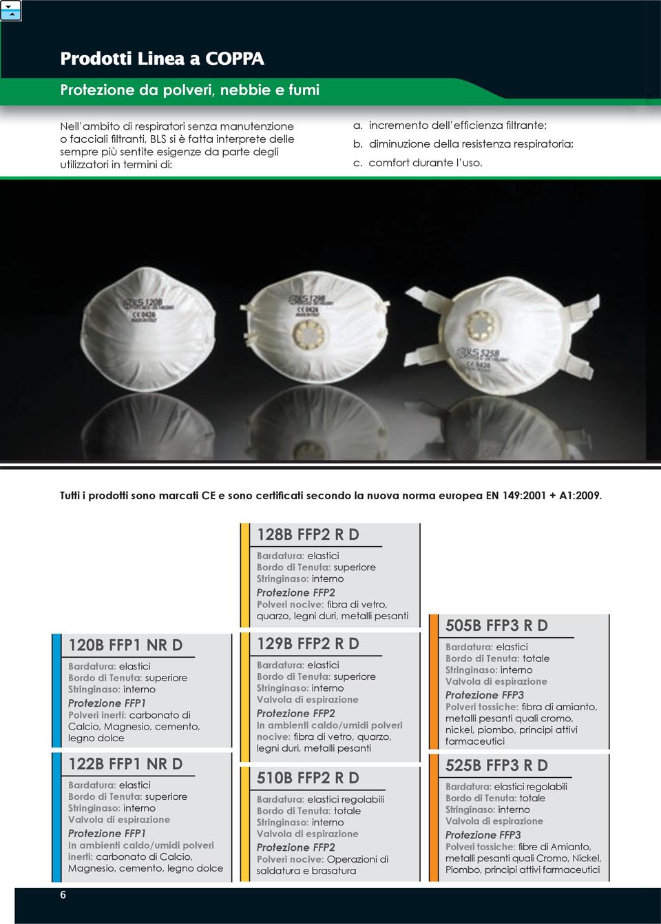 Tutti i prodotti sono marcati CE e sono certi cati secondo la nuova norma europea EN 149:2001 + A1:2009.