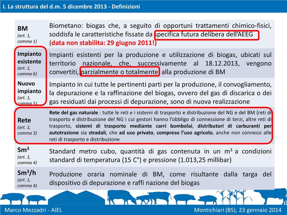 1, comma 4) Biometano: biogas che, a seguito di opportuni trattamenti chimico-fisici, soddisfa le caratteristiche fissate da specifica futura delibera dell AEEG (data non stabilita: 29 giugno 2011!