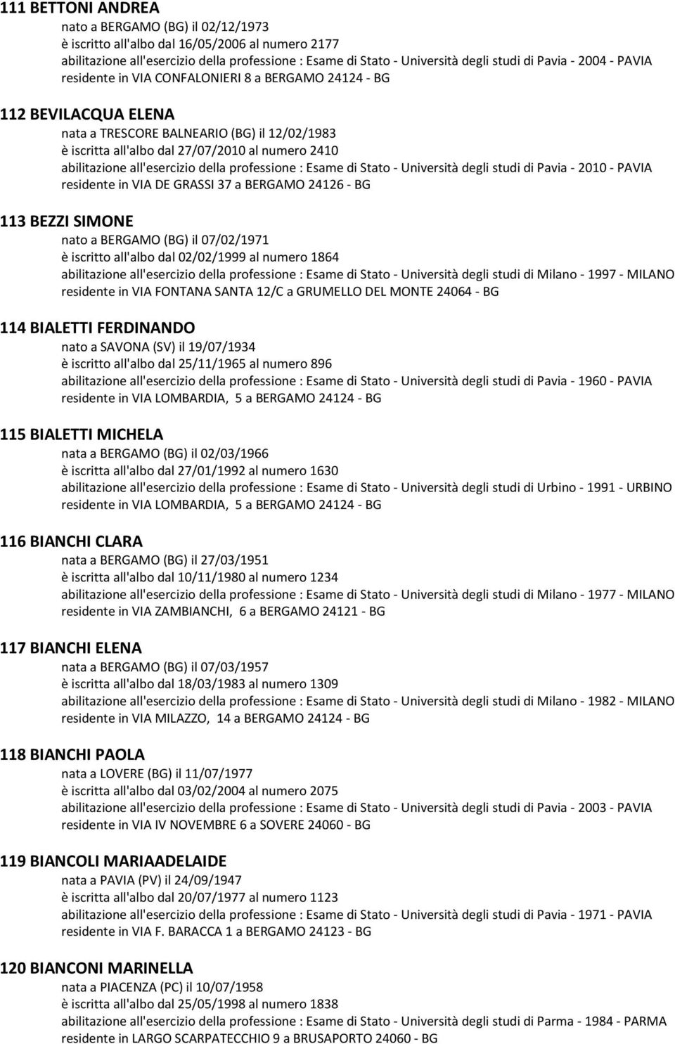 all'esercizio della professione : Esame di Stato - Università degli studi di Pavia - 2010 - PAVIA residente in VIA DE GRASSI 37 a BERGAMO 24126 - BG 113 BEZZI SIMONE nato a BERGAMO (BG) il 07/02/1971