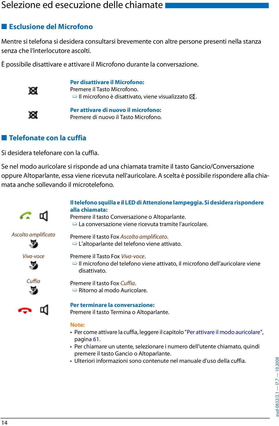 Per attivare di nuovo il microfono: Premere di nuovo il Tasto Microfono. Telefonate con la cuffia Si desidera telefonare con la cuffia.