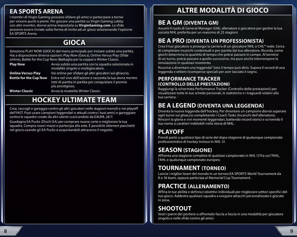 Le sfide possono essere inviate sotto forma di invito ad un gioco selezionando l opzione EA SPOTS Arena. Gioca Seleziona PLAY NOW (GIOCA) dal menu principale per iniziare subito una partita.