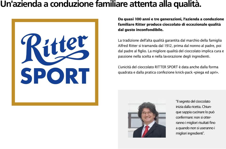 La tradizione dell'alta qualità garantita dal marchio della famiglia Alfred Ritter si tramanda dal 1912, prima dal nonno al padre, poi dal padre al figlio.