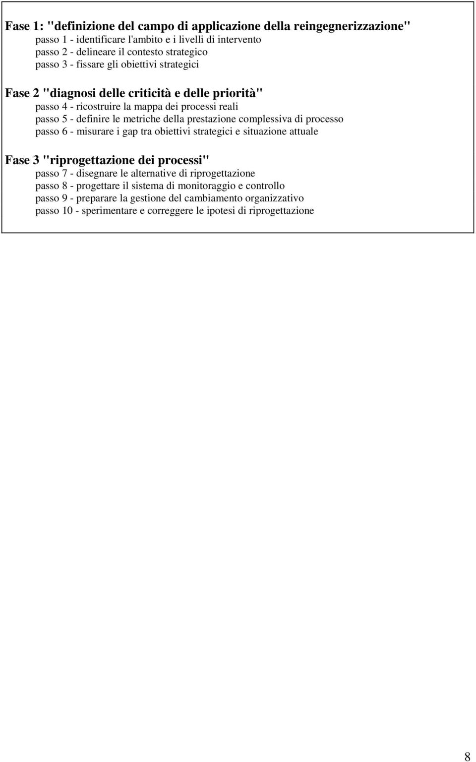 complessiva di processo passo 6 - misurare i gap tra obiettivi strategici e situazione attuale Fase 3 "riprogettazione dei processi" passo 7 - disegnare le alternative di riprogettazione