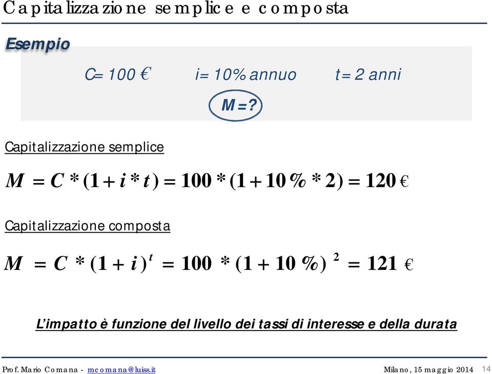 Capitalizzazione semplice M C * (1 i * t) 100 * (1 10% * 2) 120