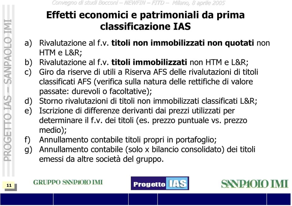 facoltative); d) Storno rivalutazioni di titoli non immobilizzati classificati L&R; e) Iscrizione di differenze derivanti dai prezzi utilizzati per determinare il f.v. dei titoli (es.