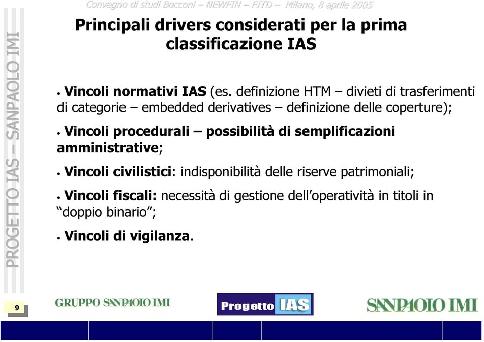 definizione HTM divieti di trasferimenti di categorie embedded derivatives definizione delle coperture); Vincoli procedurali