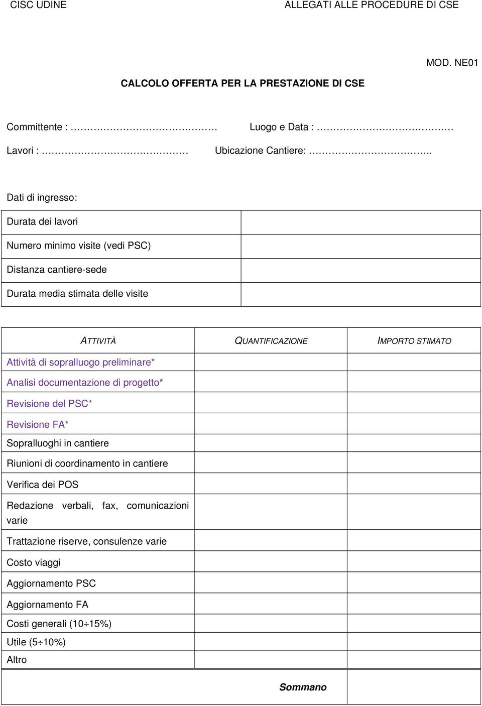 STIMATO Attività di sopralluogo preliminare* Analisi documentazione di progetto* Revisione del PSC* Revisione FA* Sopralluoghi in cantiere Riunioni di