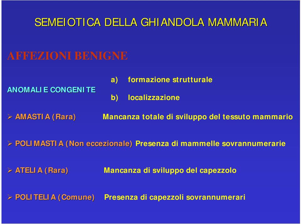 (Non eccezionale) Presenza di mammelle sovrannumerarie ATELIA (Rara) Mancanza