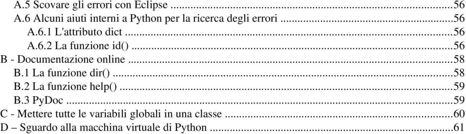 ..56 A.6.2 La funzione id()...56 B Documentazione online...58 B.1 La funzione dir()...58 B.2 La funzione help().