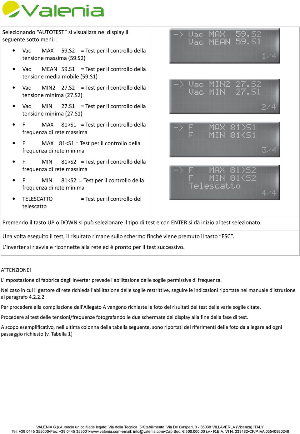 S1) F MAX 81>S1 = Test per il controllo della frequenza di massima F MAX 81<S1 = Test per il controllo della frequenza di minima F MIN 81>S = Test per il controllo della frequenza di massima F MIN