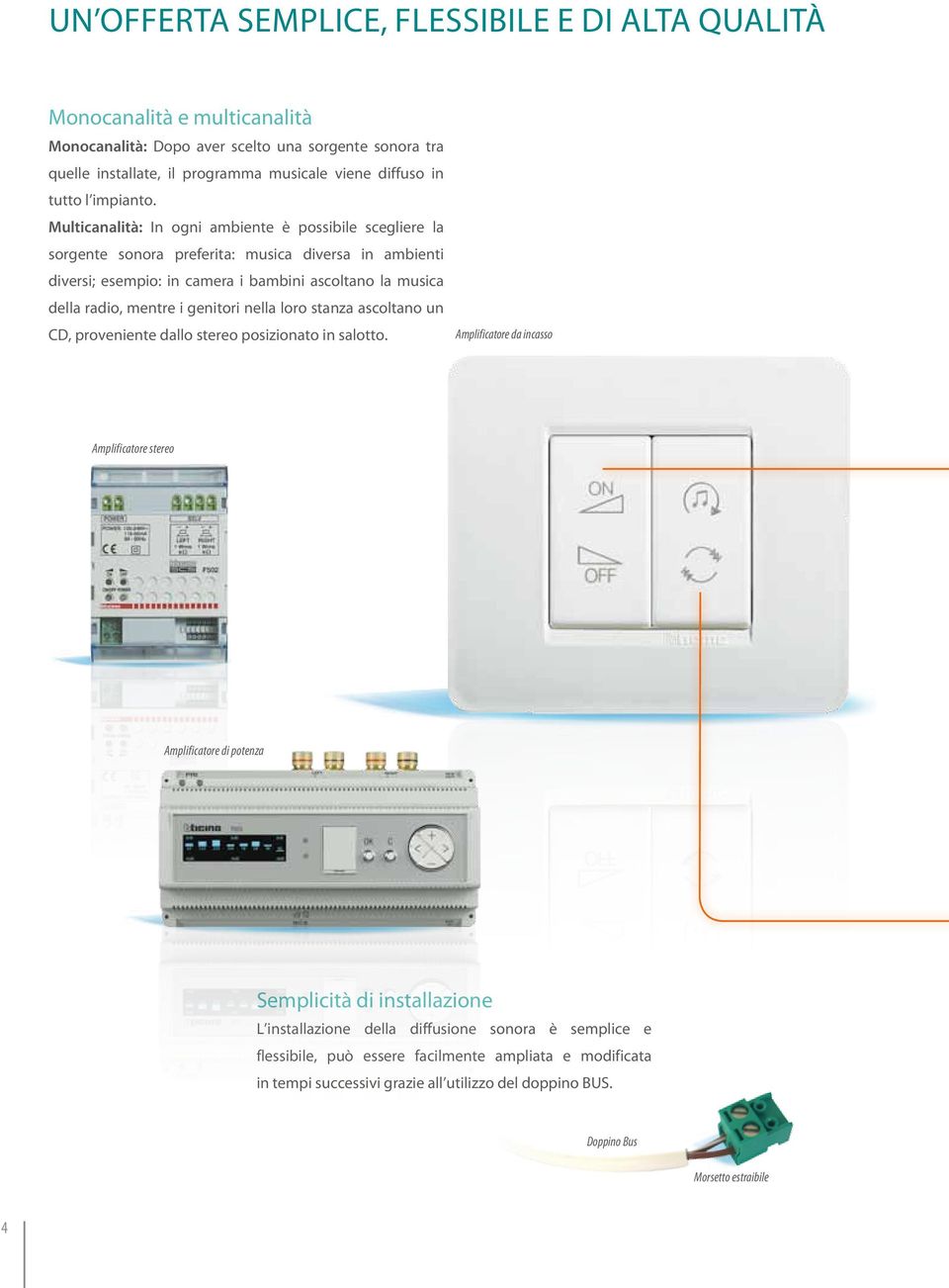 Multicanalità: In ogni ambiente è possibile scegliere la sorgente sonora preferita: musica diversa in ambienti diversi; esempio: in camera i bambini ascoltano la musica della radio, mentre i