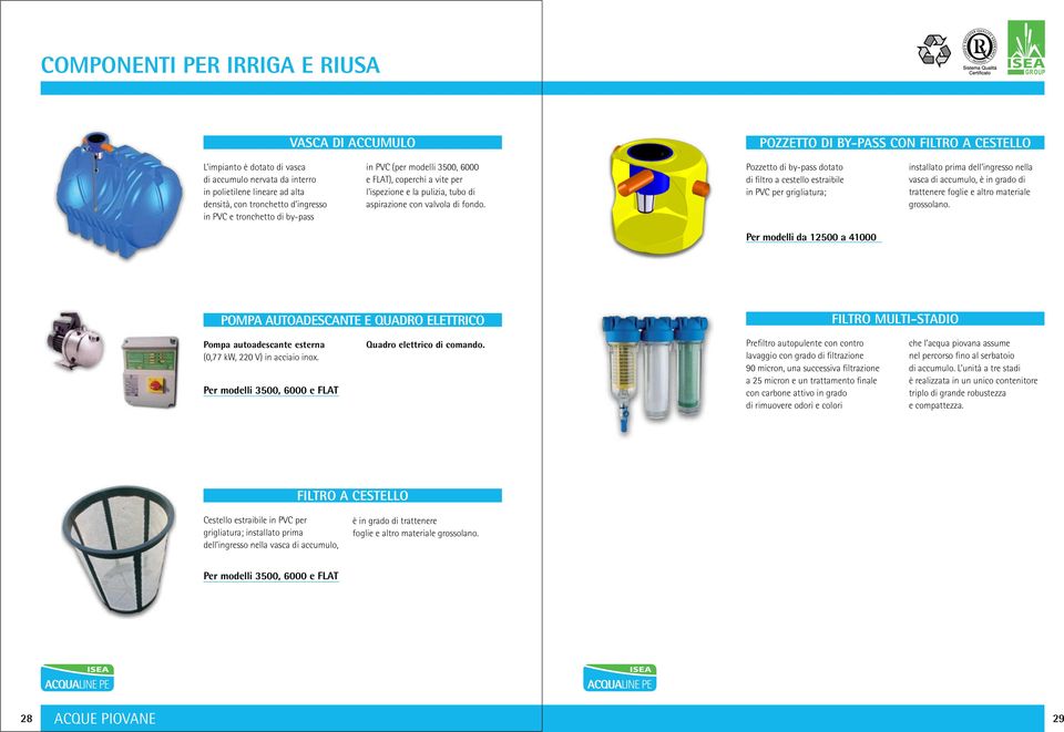 Pozzetto di by-pass dotato di filtro a cestello estraibile in PVC per grigliatura; installato prima dell ingresso nella vasca di accumulo, è in grado di trattenere foglie e altro materiale grossolano.