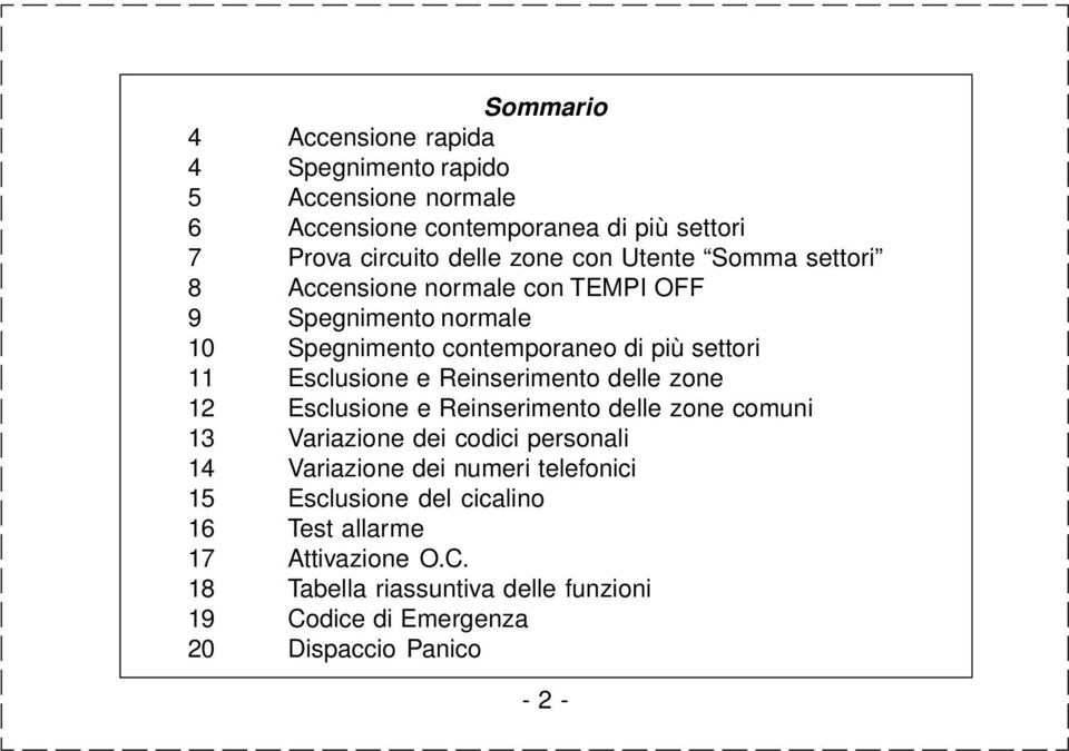 Reinserimento delle zone 12 Esclusione e Reinserimento delle zone comuni 13 Variazione dei codici personali 14 Variazione dei numeri telefonici