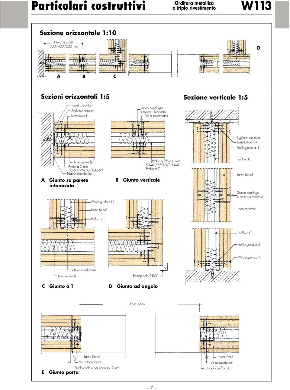 Giunto intonacata su parete intonacata B Giunto verticale B Giunto verticale mm 50x40/75x40/100x40 Stucco coprifuga e nastro microforato Profilo a Profilo guida a Viti autoperforanti Viti