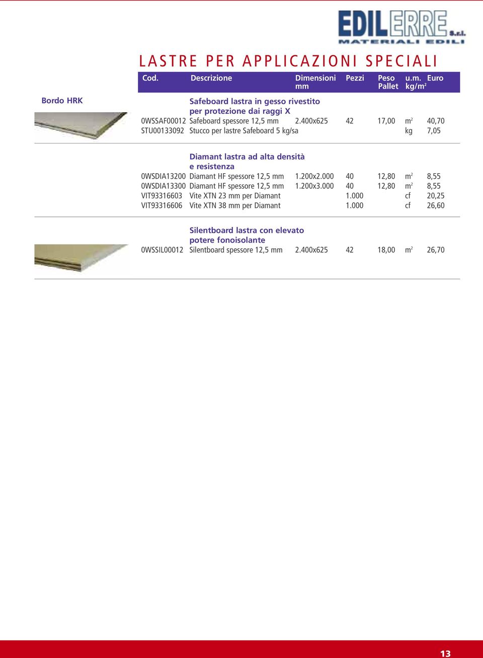 400x625 42 17,00 m 2 40,70 STU00133092 Stucco per lastre Safeboard 5 kg/sa kg 7,05 Diamant lastra ad alta densità e resistenza 0WSDIA13200 Diamant HF spessore 12,5 mm 1.200x2.