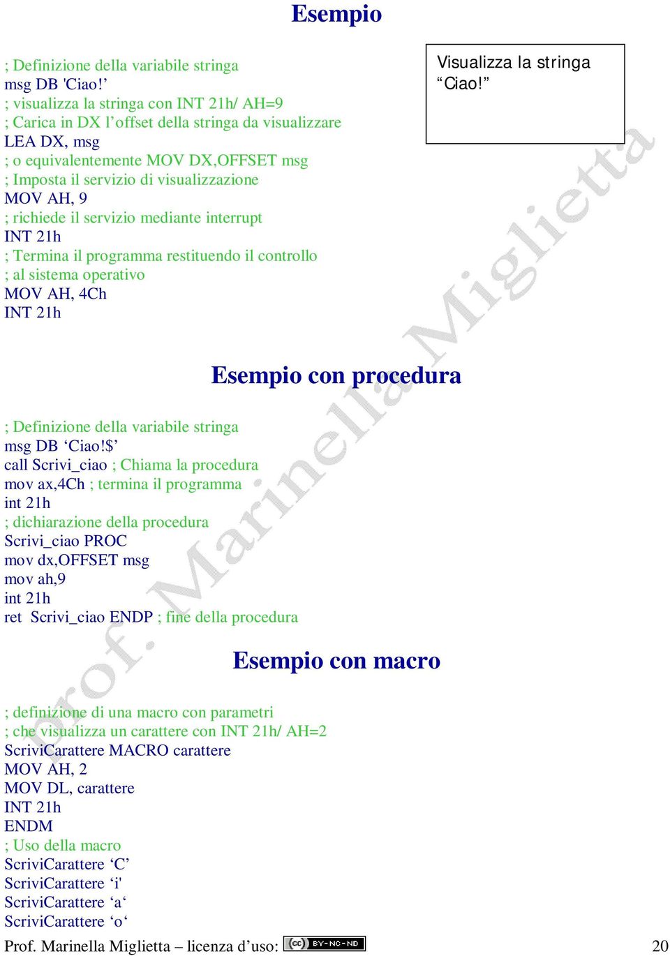 richiede il servizio mediante interrupt INT 21h ; Termina il programma restituendo il controllo ; al sistema operativo MOV AH, 4Ch INT 21h Visualizza la stringa Ciao!