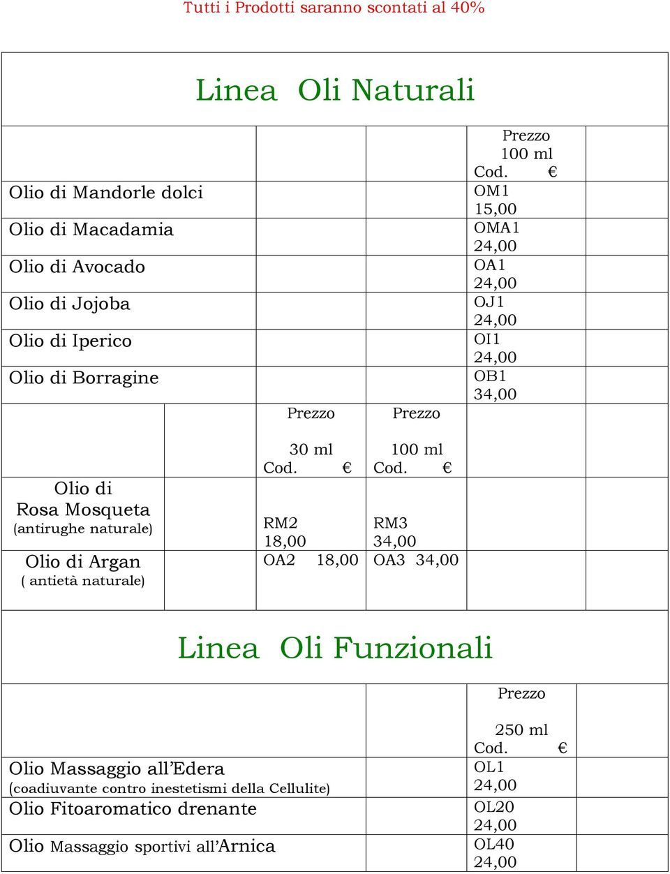 antietà naturale) 30 ml 100 ml RM2 RM3 18,00 34,00 OA2 18,00 OA3 34,00 Linea Oli Funzionali Olio Massaggio all Edera