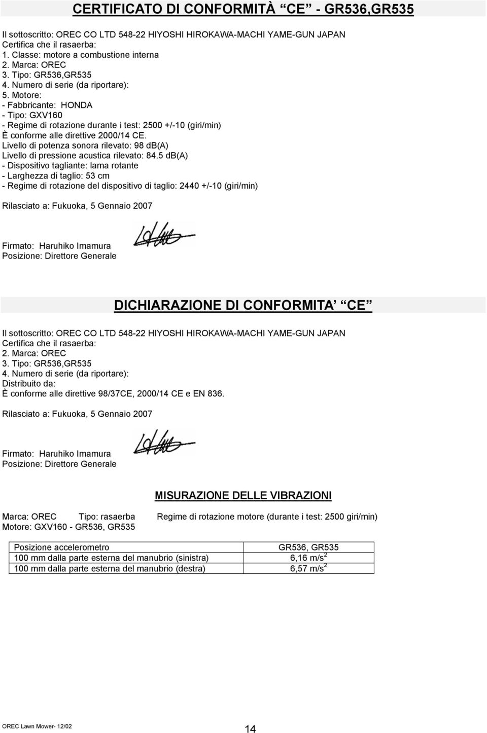 Motore: - Fabbricante: HONDA - Tipo: GXV160 - Regime di rotazione durante i test: 2500 +/-10 (giri/min) È conforme alle direttive 2000/14 CE.