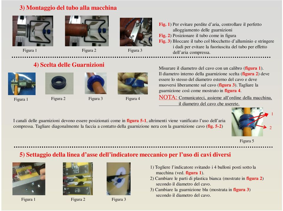 3) Bloccare il tubo col blocchetto d alluminio e stringere i dadi per evitare la fuoriuscita del tubo per effetto dell aria compressa. Misurare il diametro del cavo con un calibro (figura ).